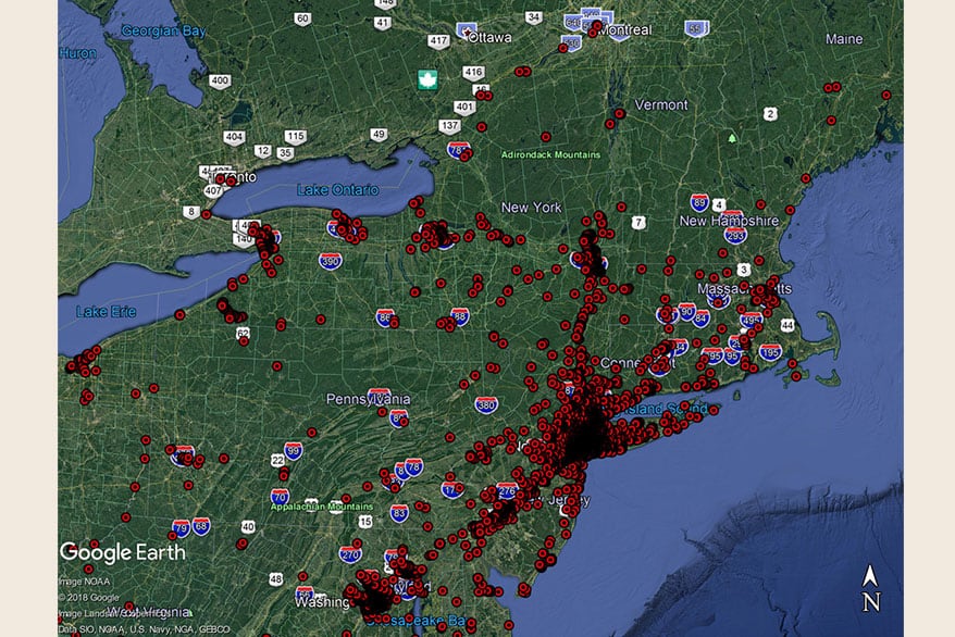 Northeast – Red dots indicate geotechnical borings in MRCE database