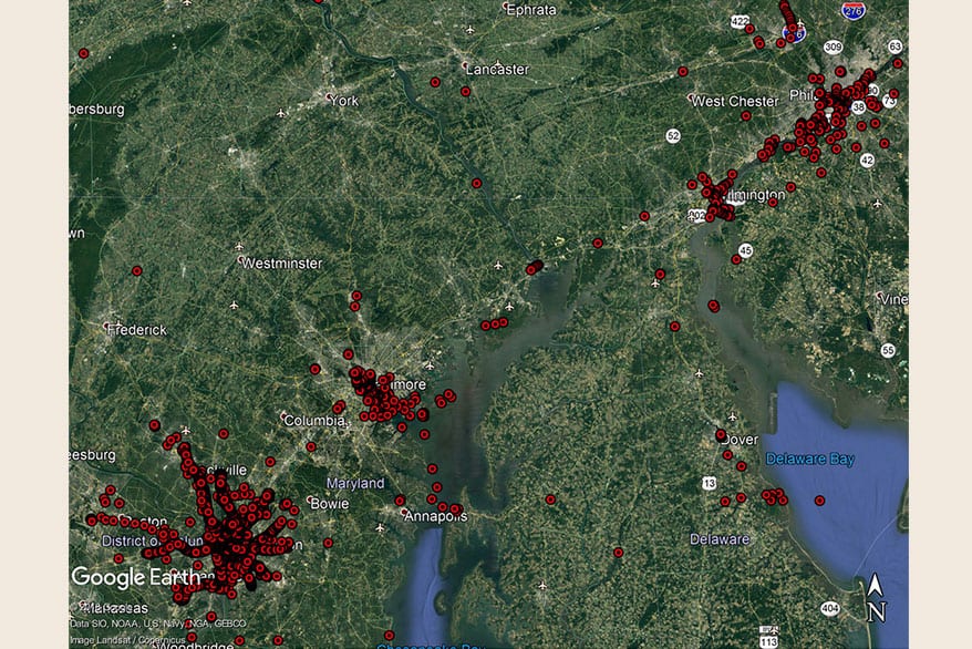 DC to Philadelphia – Red dots indicate geotechnical borings in MRCE database