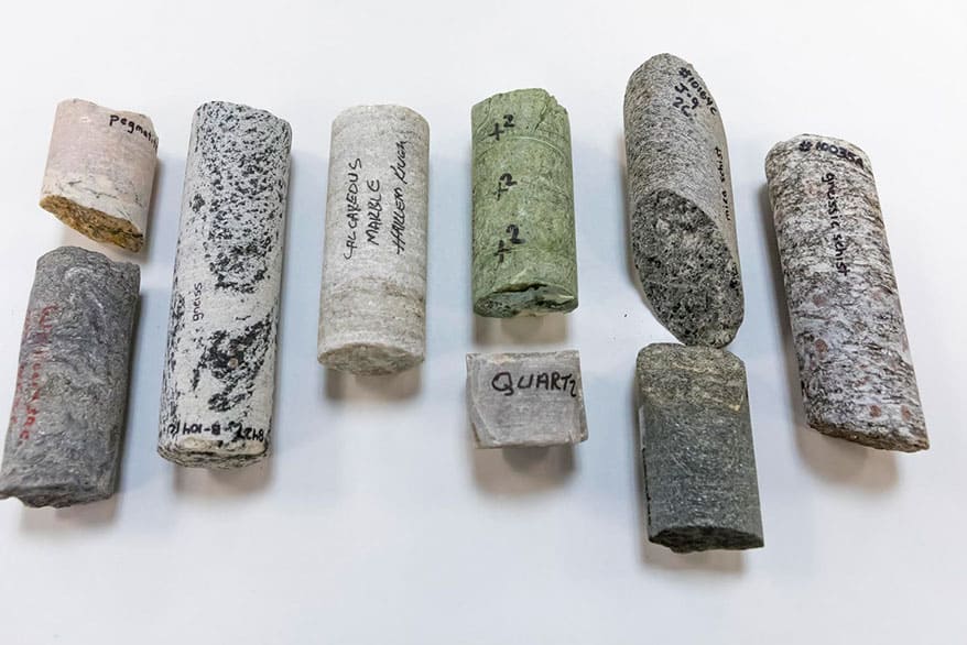 Rock core samples from various projects in Northeast US